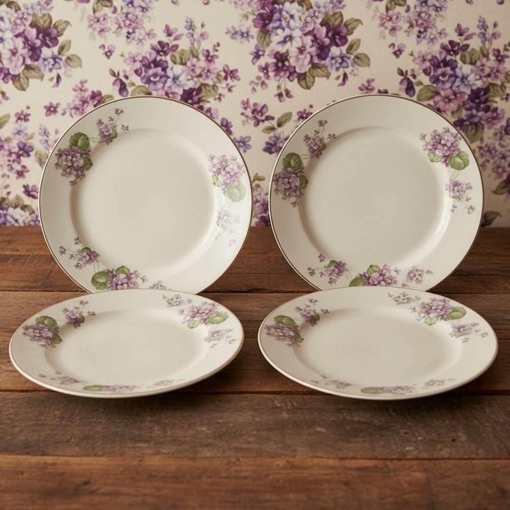 Canonsburg Violet Dessert Plates, Set of 4, Purple Flowers, Vintage USA Pottery